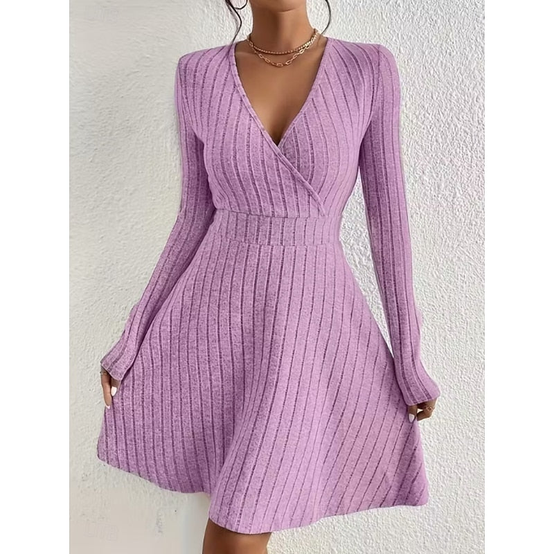 Ribbed Dress with Wrap Neckline and Flared Skirt for womens