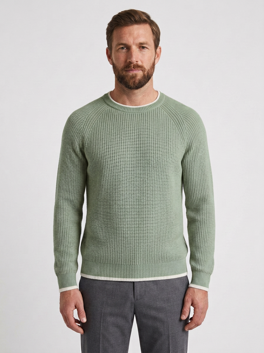 Ribbed Knit Crew Neck Jumper with Contrast Trim for Mens