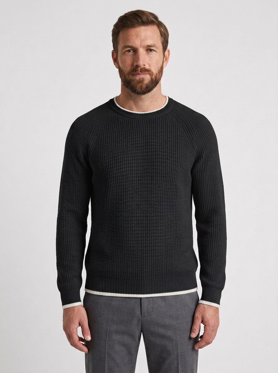 Ribbed Knit Crew Neck Jumper with Contrast Trim for Mens