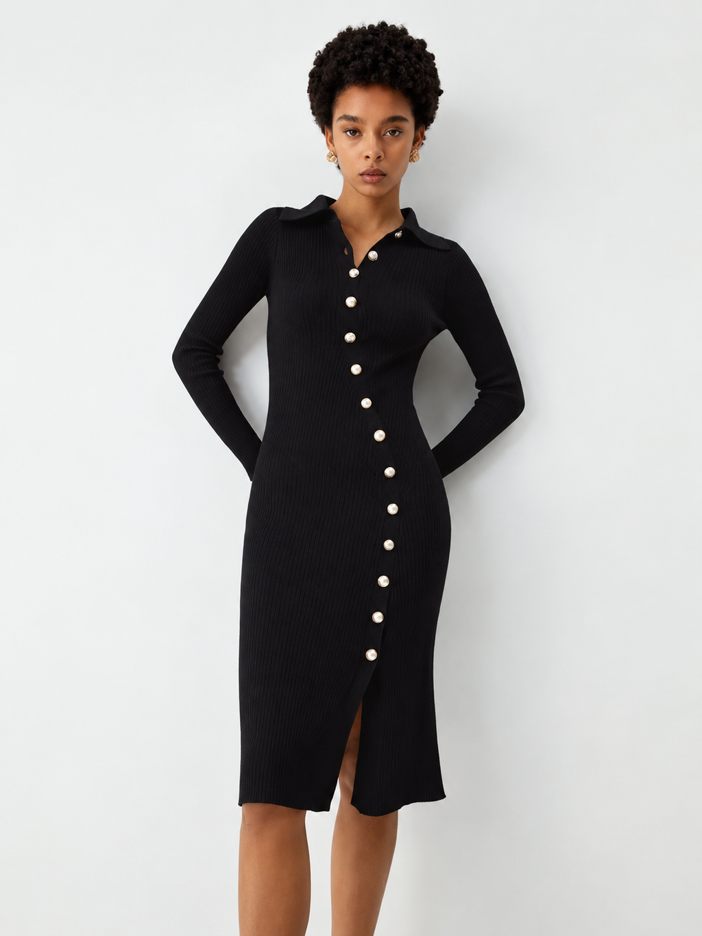 Ribbed Midi Knit Dress with Asymmetric Buttons for Women
