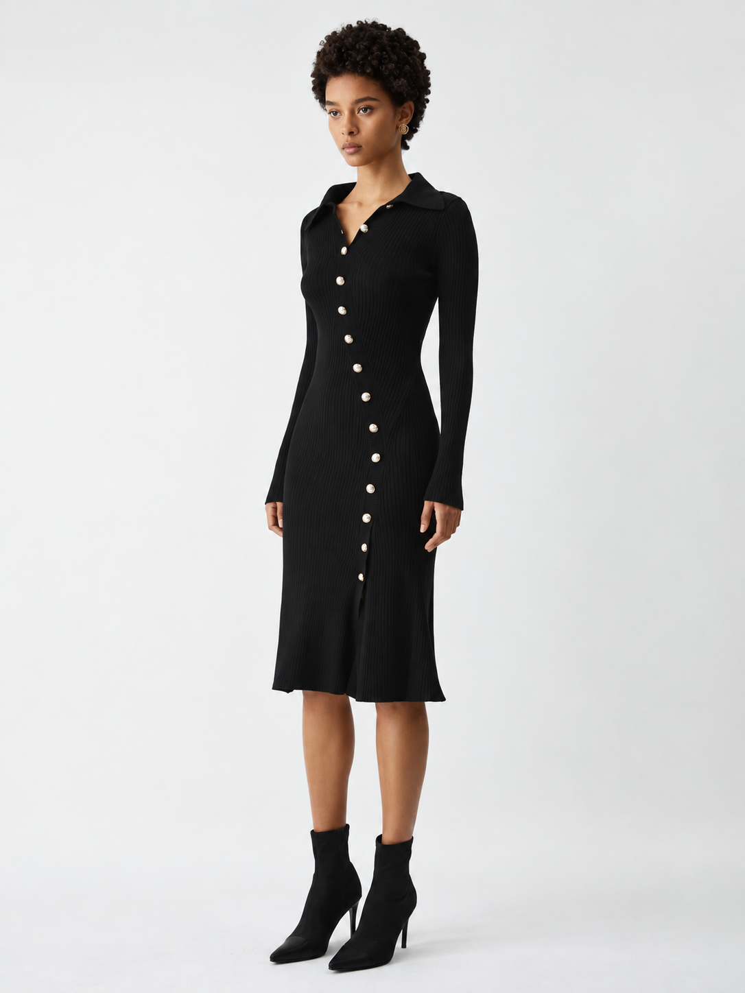 Ribbed Midi Knit Dress with Asymmetric Buttons for Women