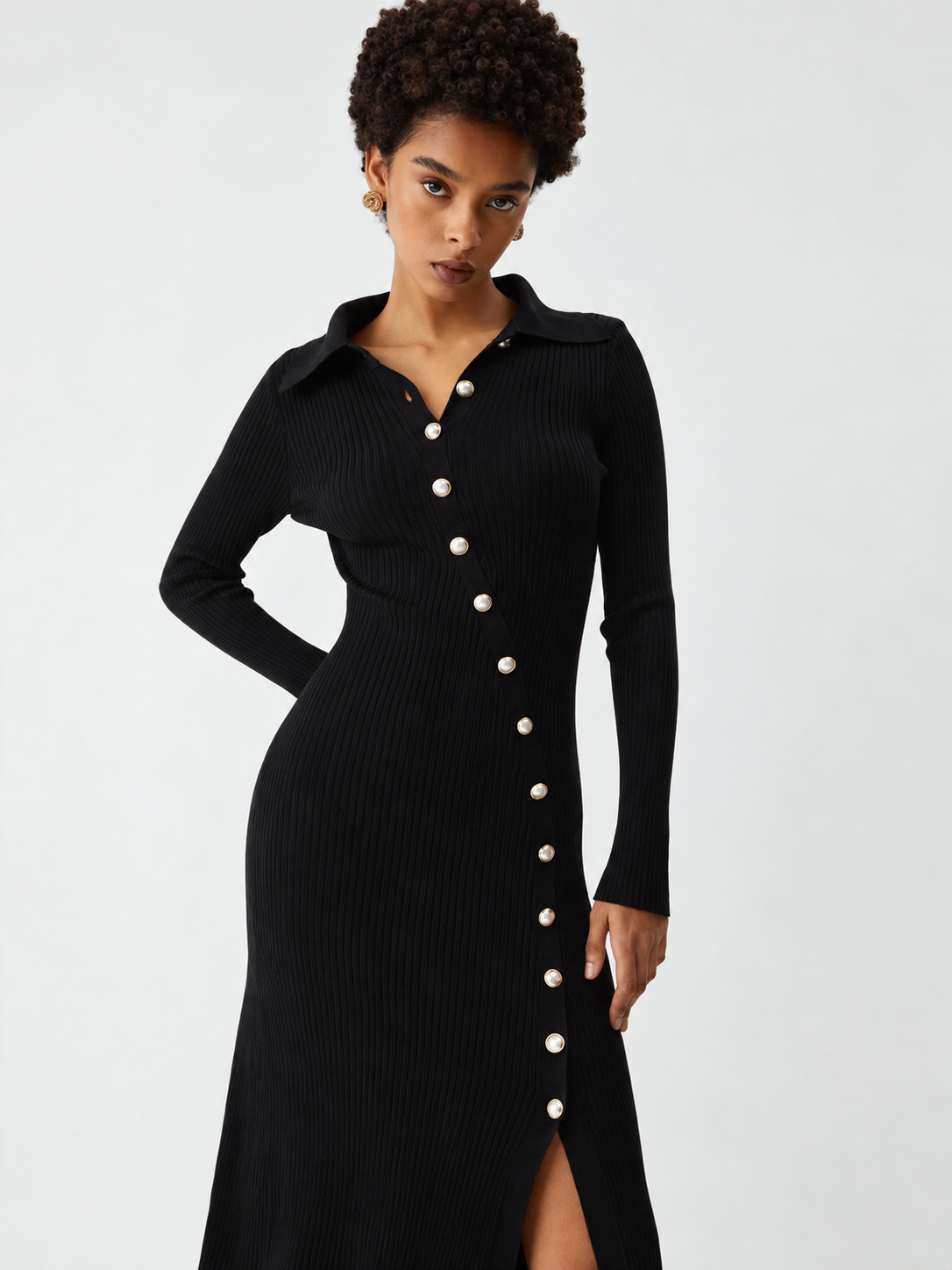 Ribbed Midi Knit Dress with Asymmetric Buttons for Women