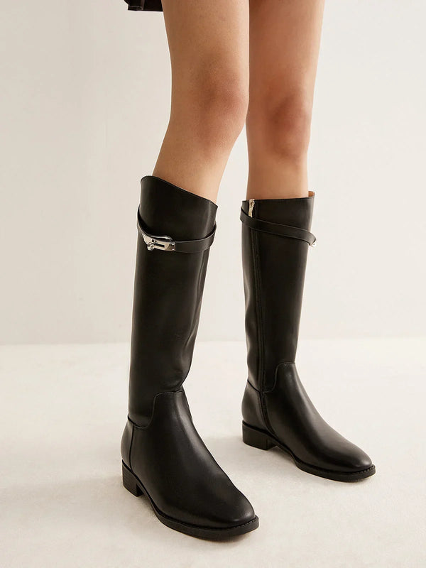 Round Toe Knee-High Riding Boots with Side Buckle Detail for Women