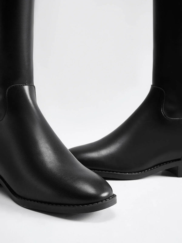 Round Toe Knee-High Riding Boots with Side Buckle Detail for Women
