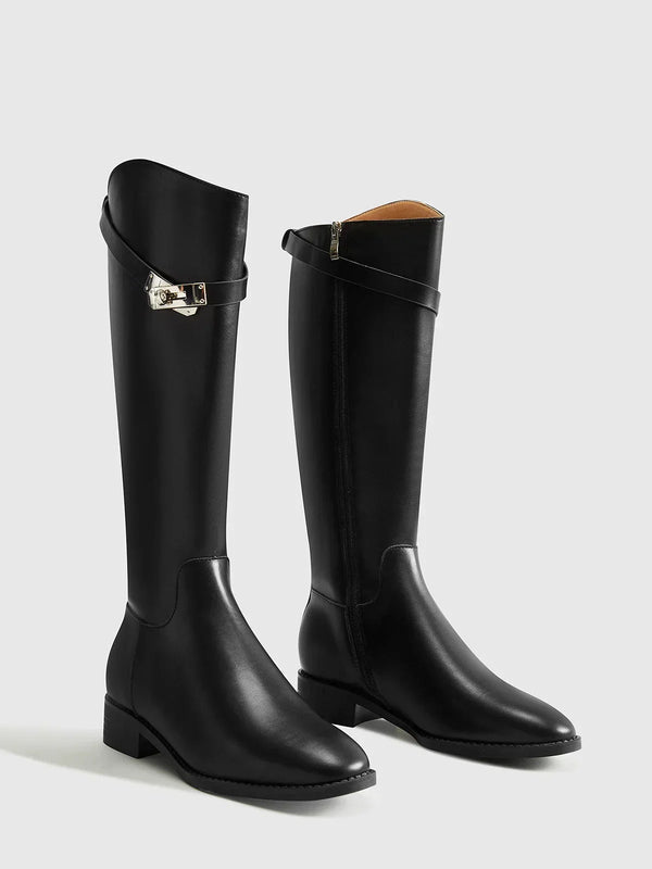 Round Toe Knee-High Riding Boots with Side Buckle Detail for Women