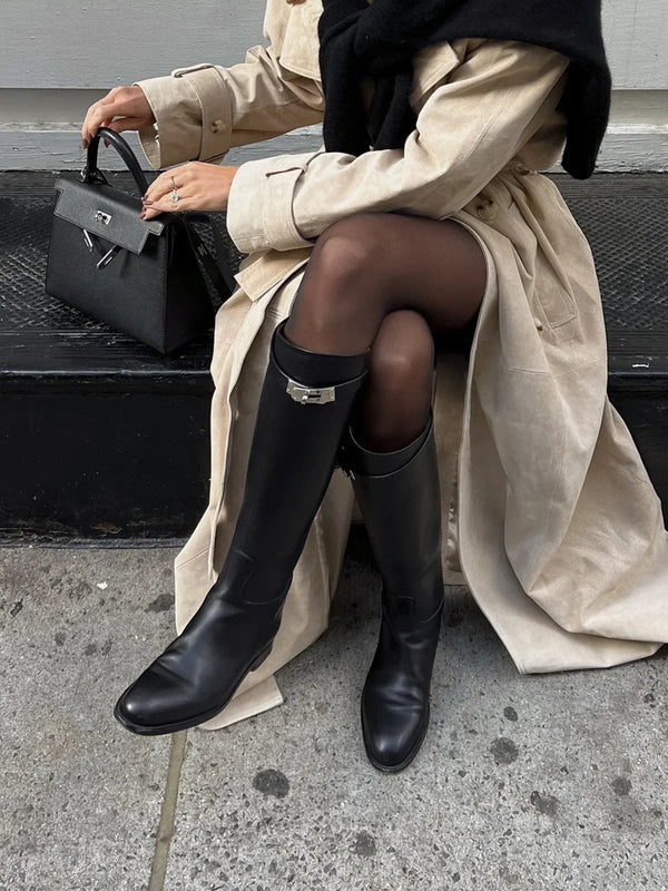 Round Toe Knee-High Riding Boots with Side Buckle Detail for Women