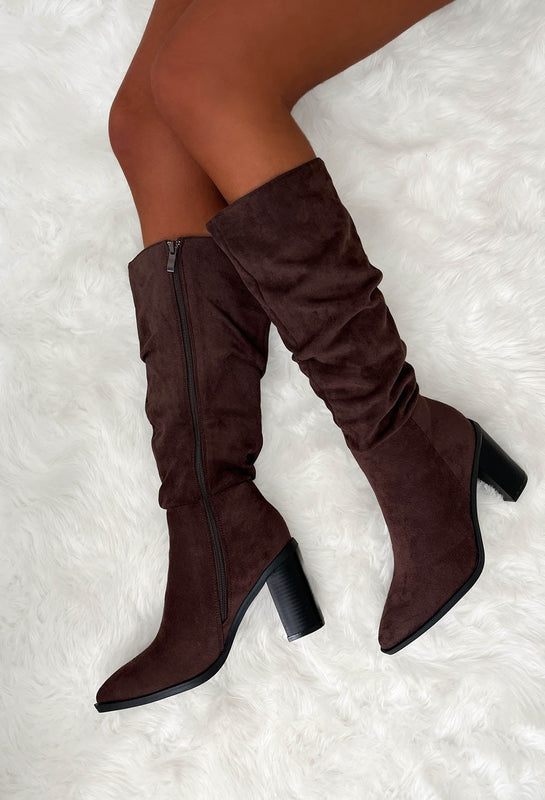 Ruched Faux Suede Knee-High Boots with Side Zip Closure for Women