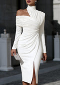 Ruched Midi Dress with Asymmetric Neck and Slit for women