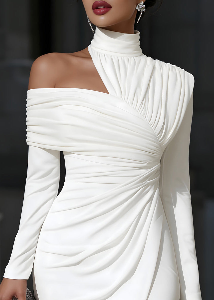 Ruched Midi Dress with Asymmetric Neck and Slit for women