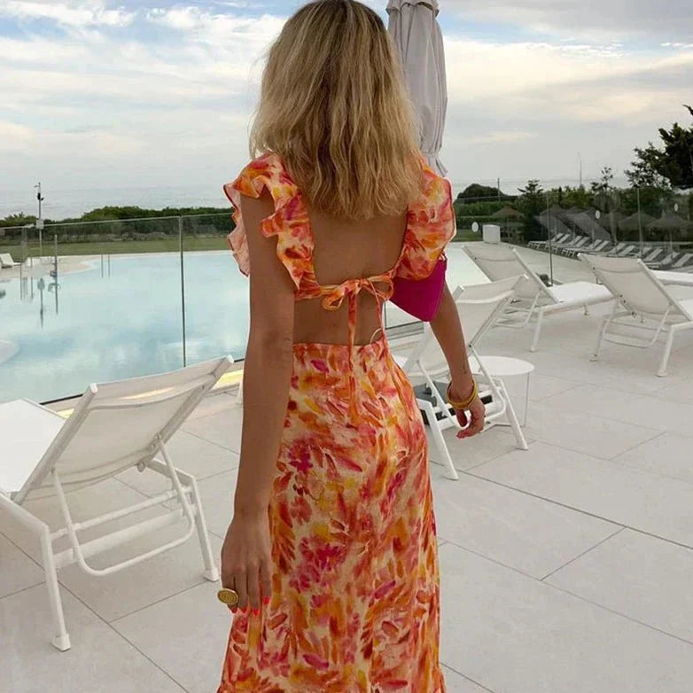 Ruffle Detail Maxi Dress with Floral Print for Women