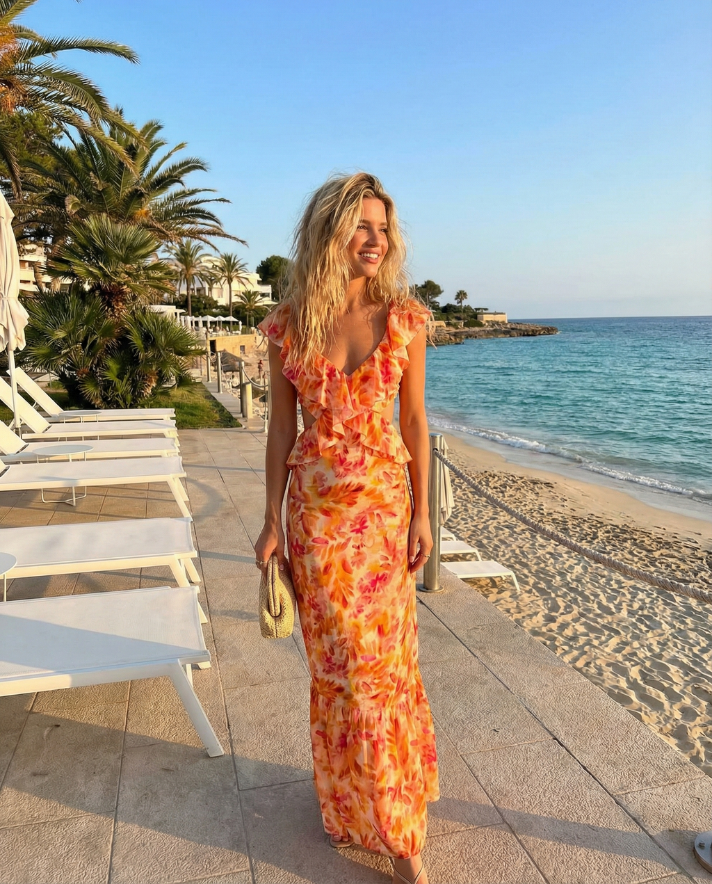 Ruffle Detail Maxi Dress with Floral Print for Women