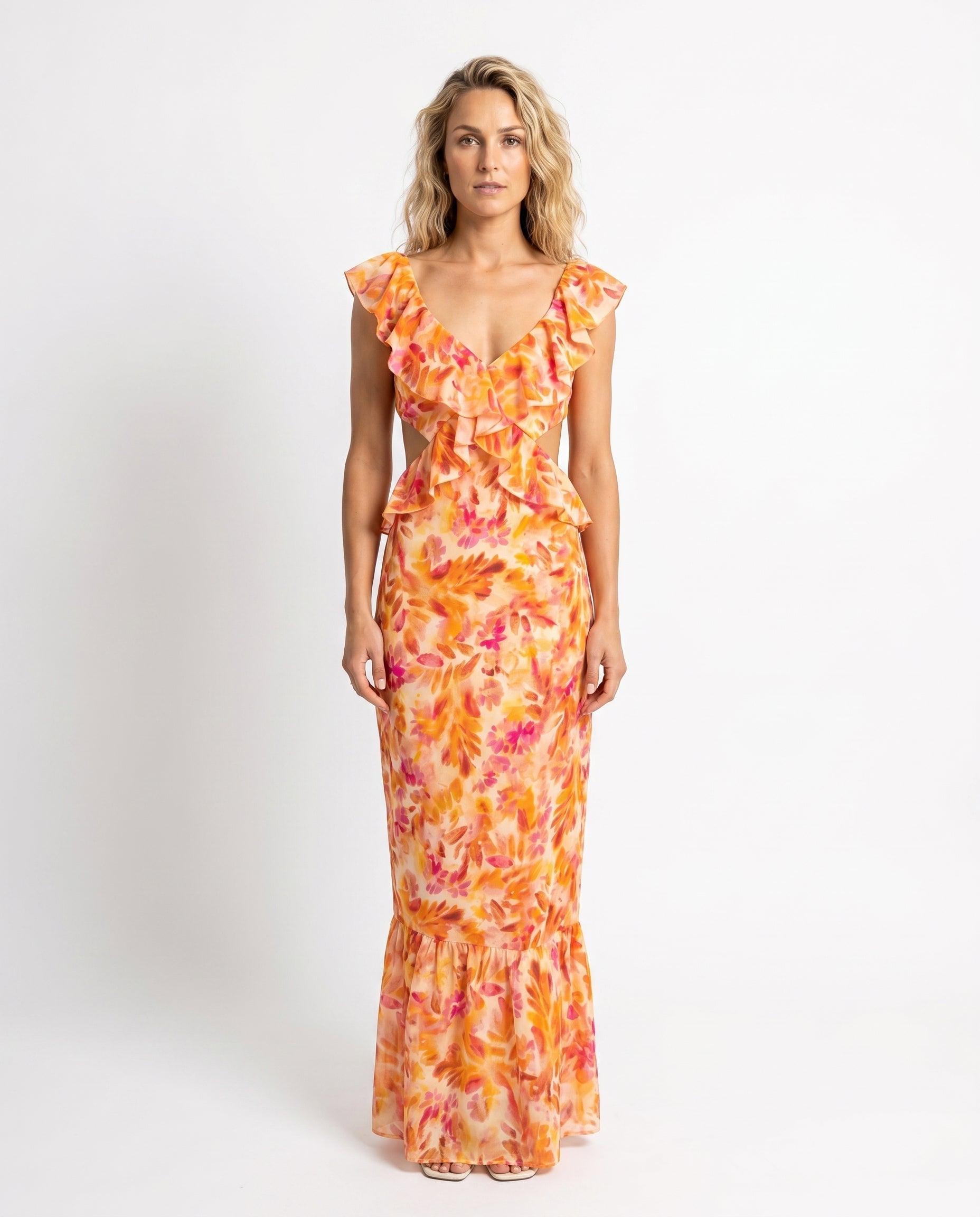 Ruffle Detail Maxi Dress with Floral Print for Women
