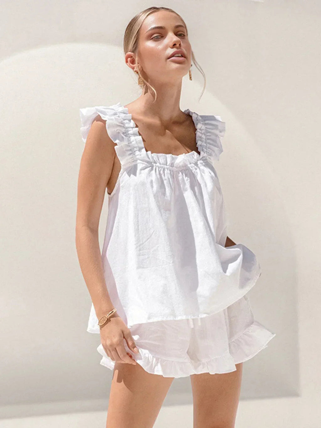 Ruffled Matching Set with Square Neckline for Women
