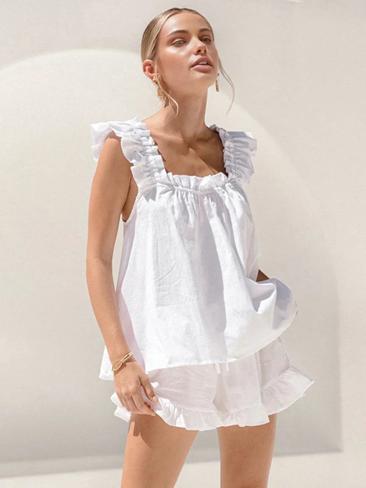 Ruffled Matching Set with Square Neckline for Women