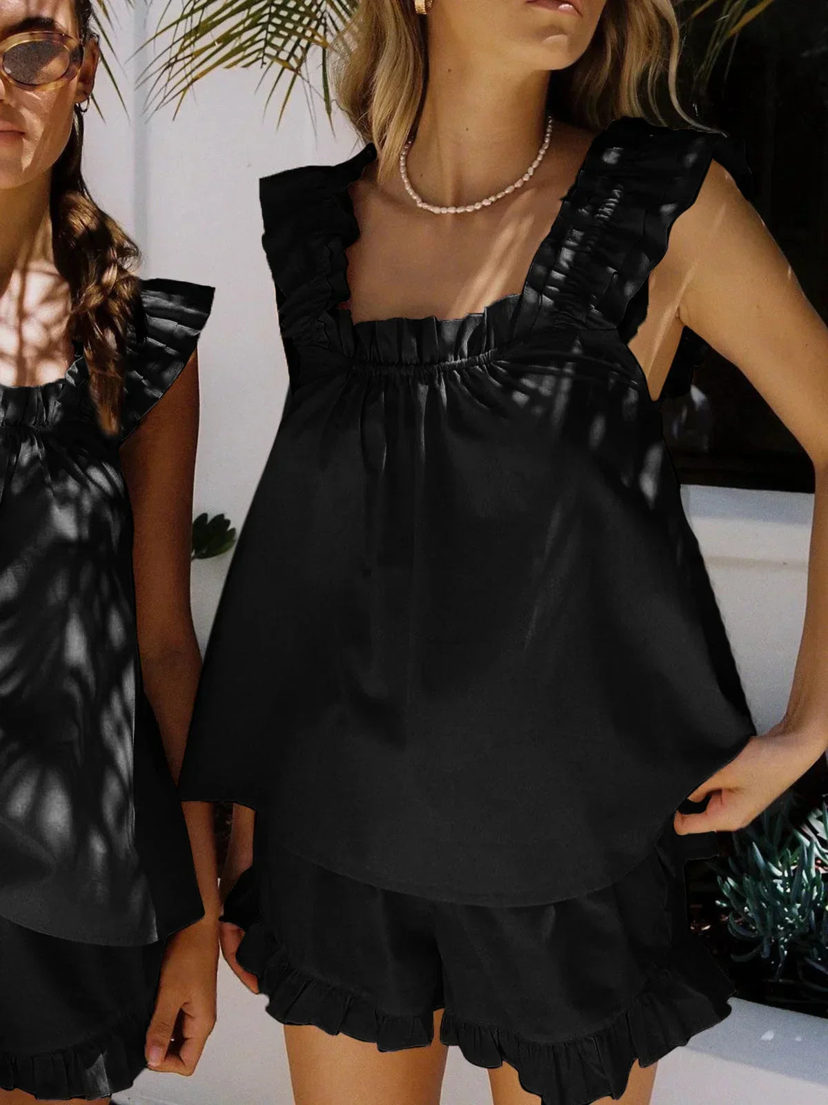 Ruffled Matching Set with Square Neckline for Women