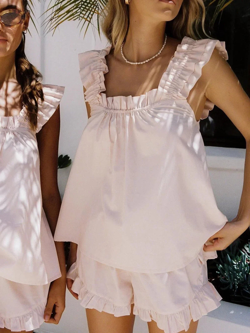 Ruffled Matching Set with Square Neckline for Women