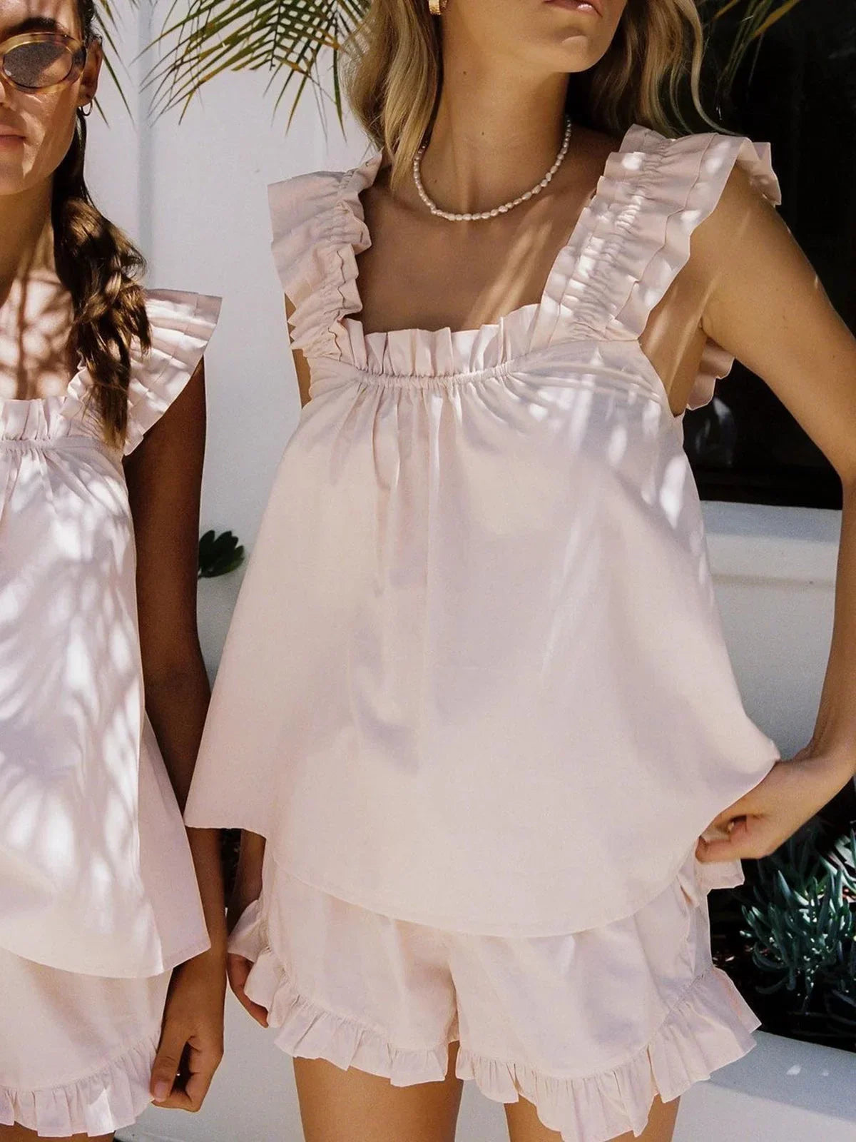 Ruffled Matching Set with Square Neckline for Women