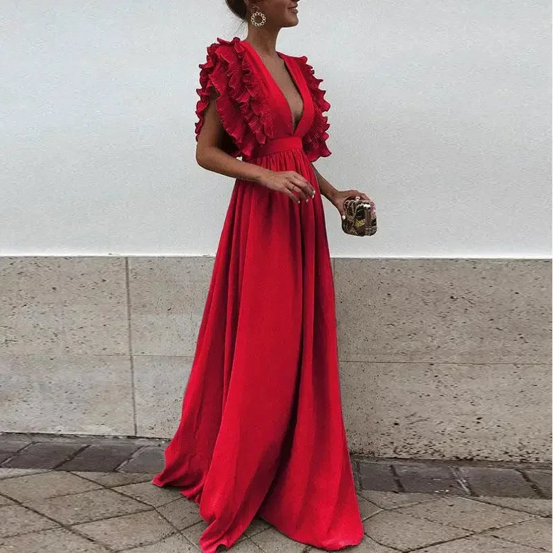 Ruffled Shoulder Maxi Dress with Plunging V-Neckline for Women