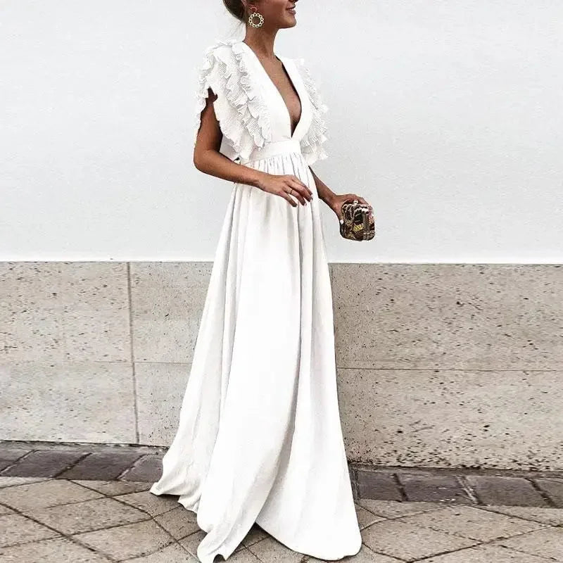 Ruffled Shoulder Maxi Dress with Plunging V-Neckline for Women