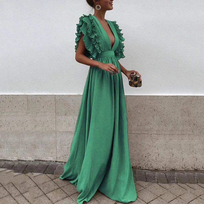 Ruffled Shoulder Maxi Dress with Plunging V-Neckline for Women
