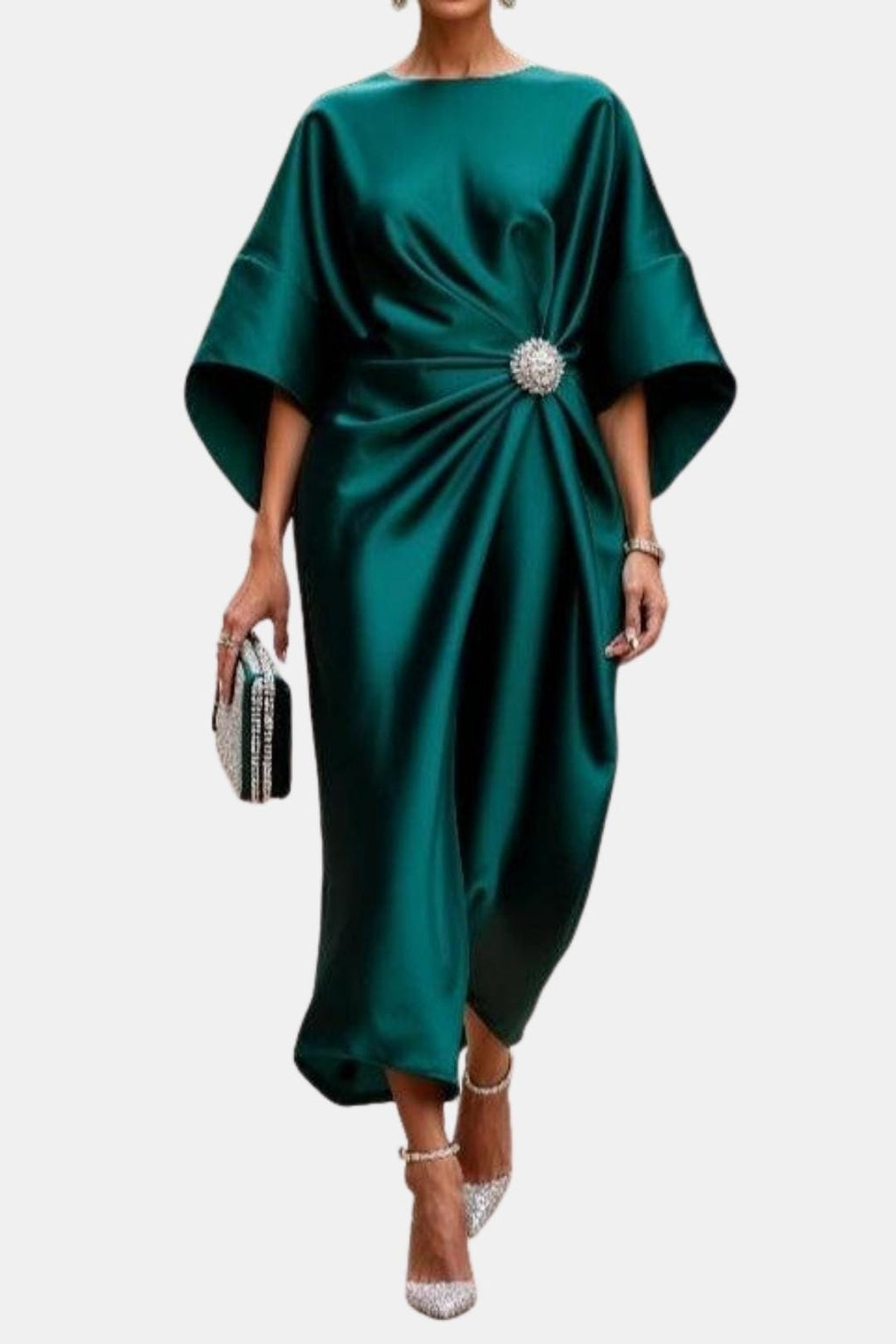 Satin Dress with Wide Sleeves and Draped Waist for Womens
