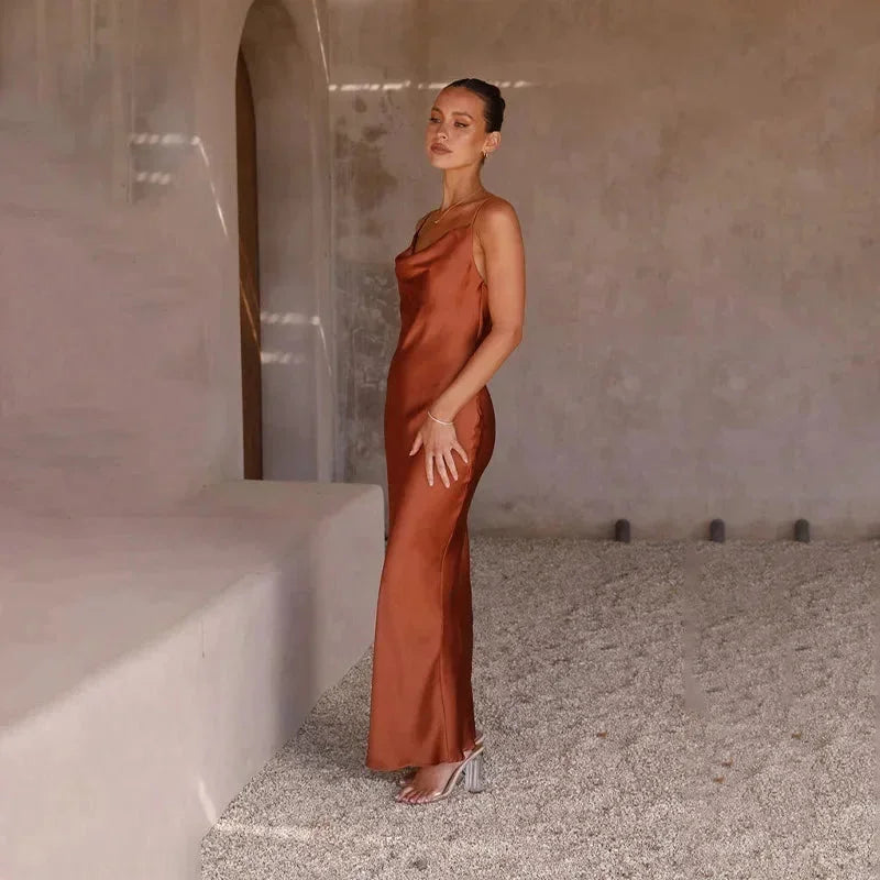 Satin Long Dress with Cowl Neckline for Women