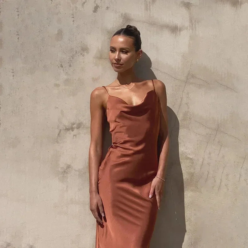 Satin Long Dress with Cowl Neckline for Women
