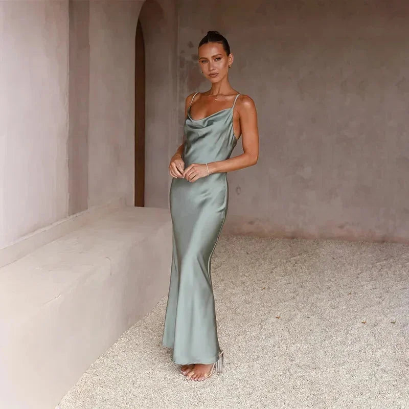 Satin Long Dress with Cowl Neckline for Women