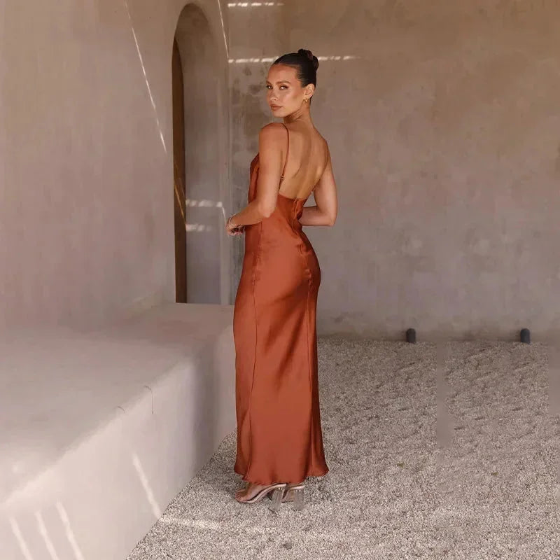 Satin Long Dress with Cowl Neckline for Women