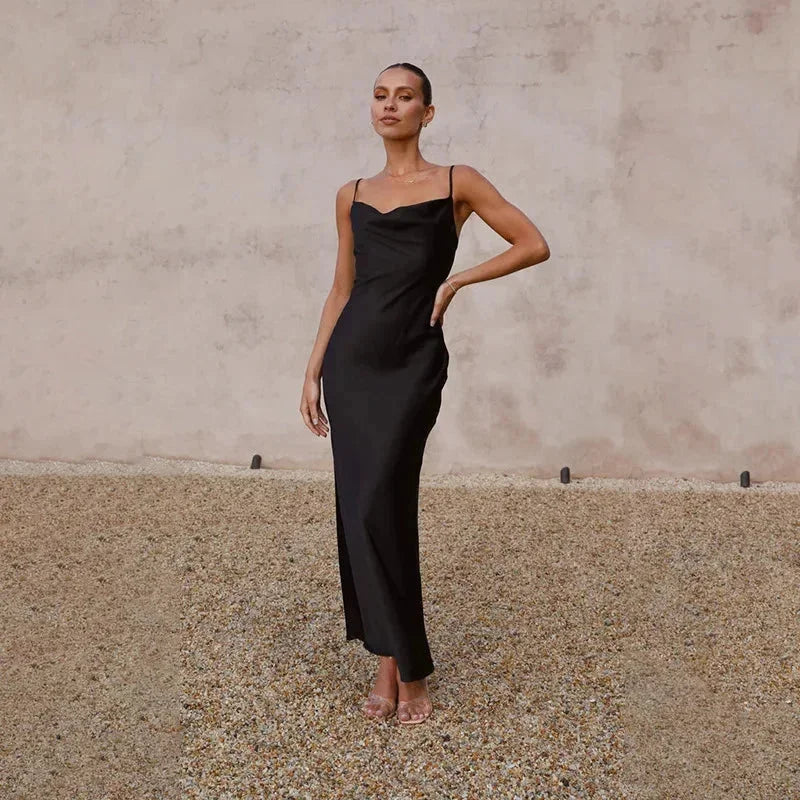 Satin Long Dress with Cowl Neckline for Women