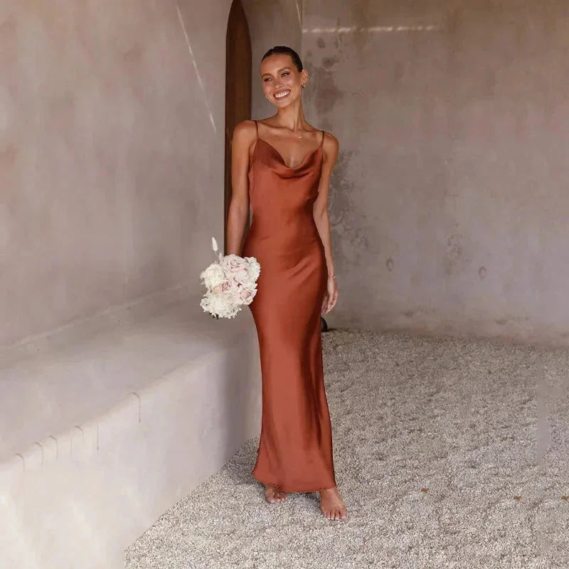 Satin Long Dress with Cowl Neckline for Women