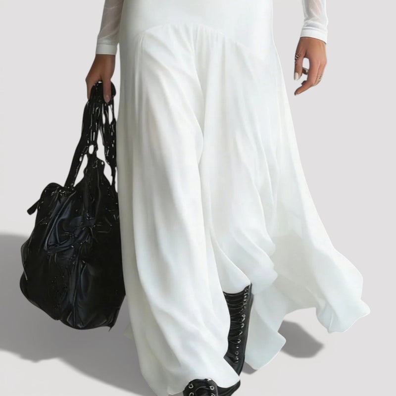 Semi-Sheer Long-Sleeve Maxi Dress with Layered Skirt for Women