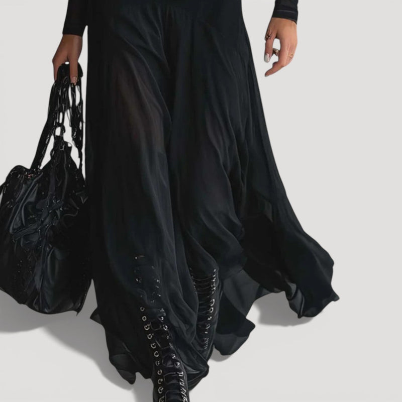Semi-Sheer Long-Sleeve Maxi Dress with Layered Skirt for Women
