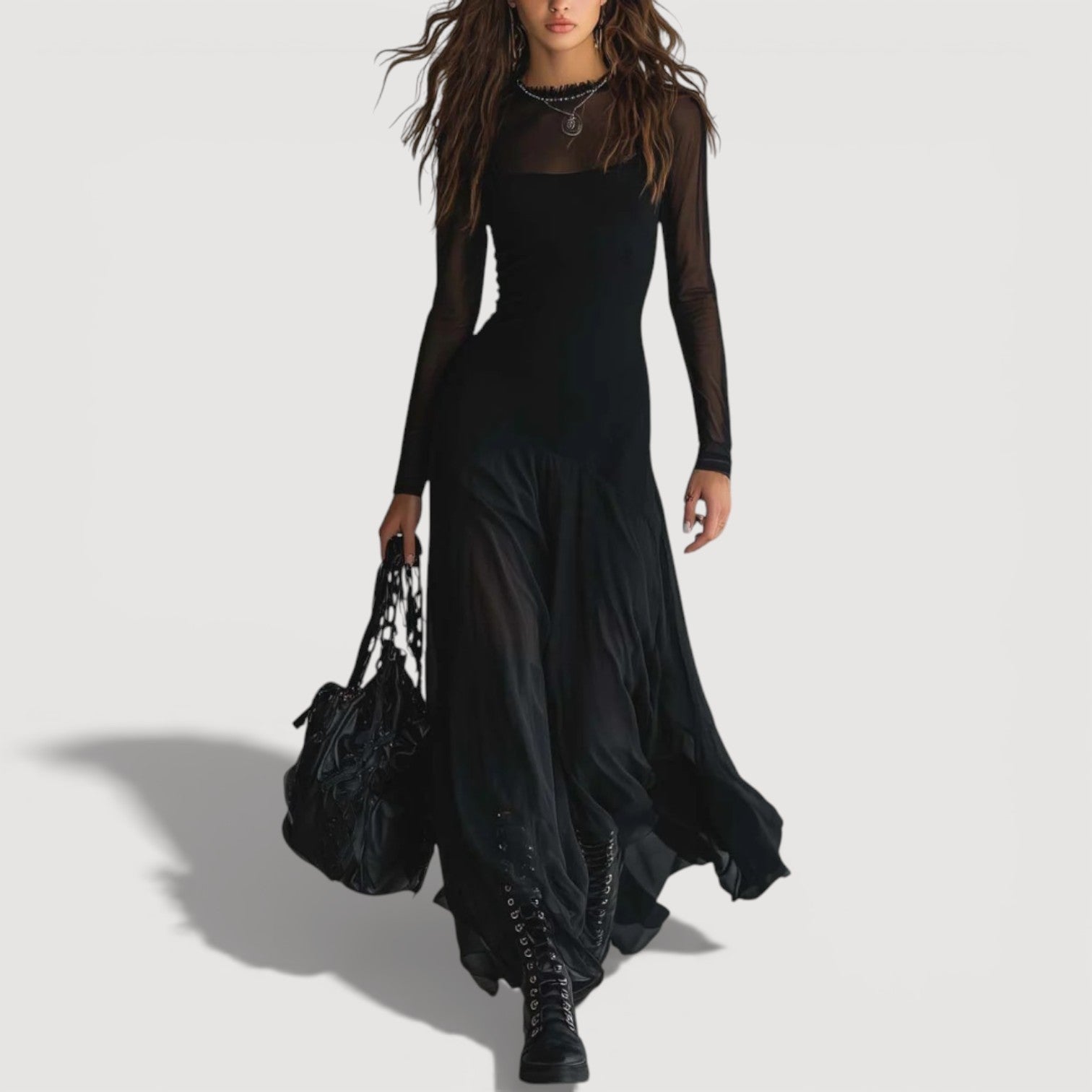 Semi-Sheer Long-Sleeve Maxi Dress with Layered Skirt for Women
