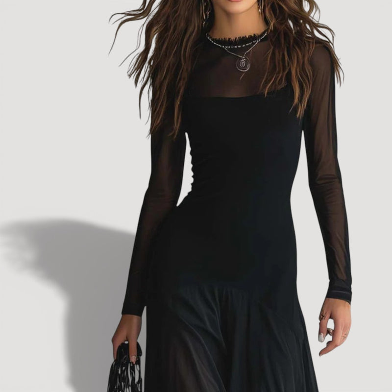 Semi-Sheer Long-Sleeve Maxi Dress with Layered Skirt for Women