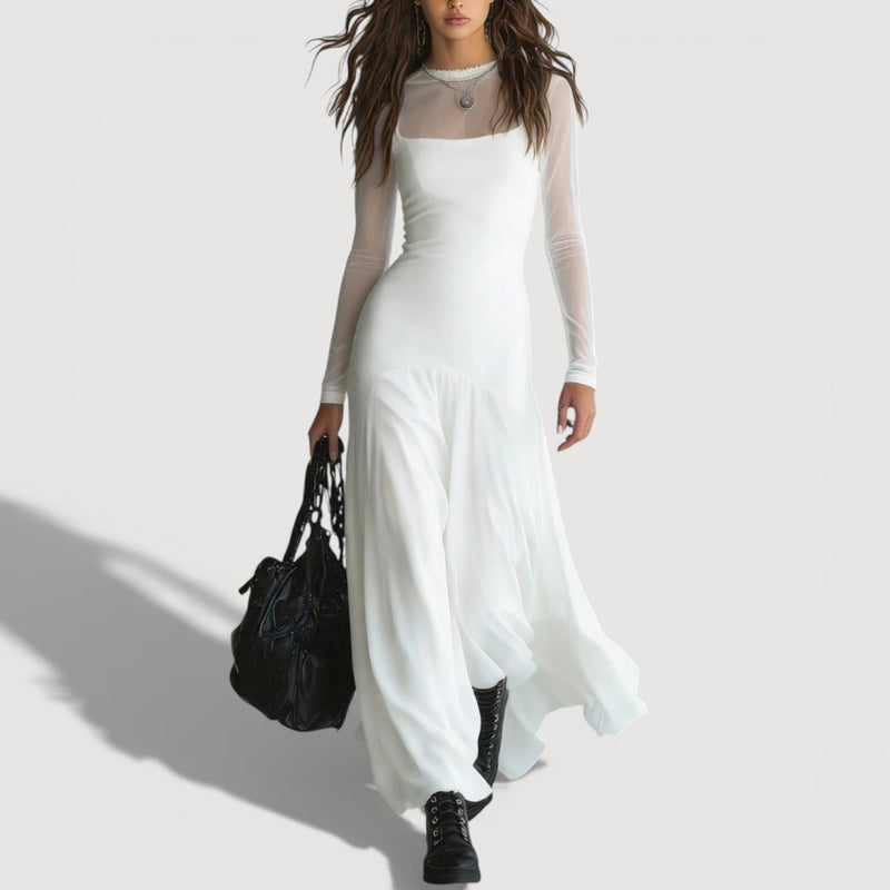Semi-Sheer Long-Sleeve Maxi Dress with Layered Skirt for Women