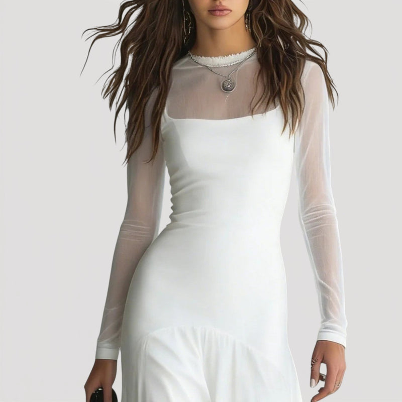 Semi-Sheer Long-Sleeve Maxi Dress with Layered Skirt for Women