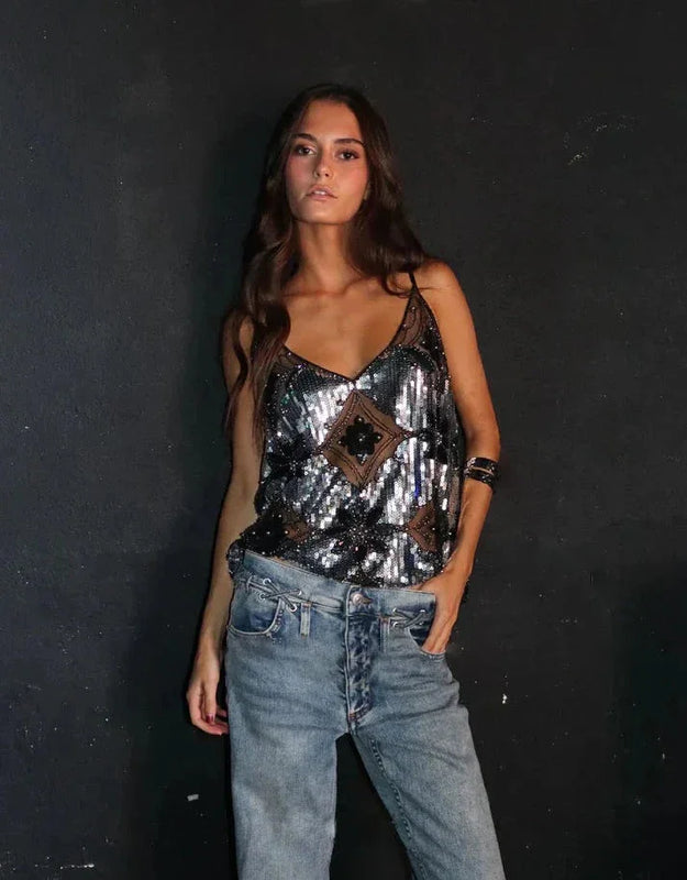 Sequin-Embellished Sleeveless Top with Deep V-Neckline for Women