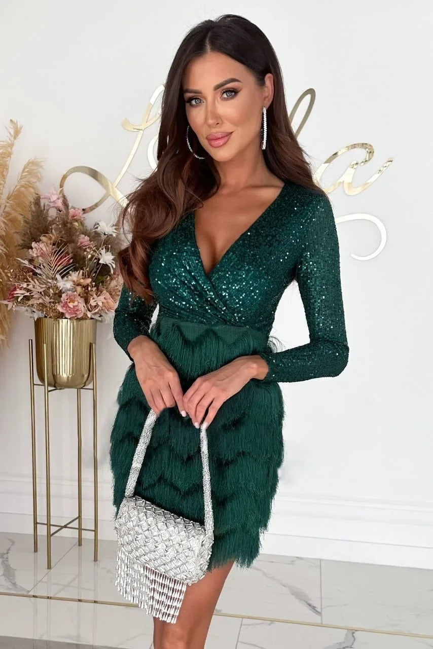 Sequin Feather Mini Dress with Long Sleeves for Women