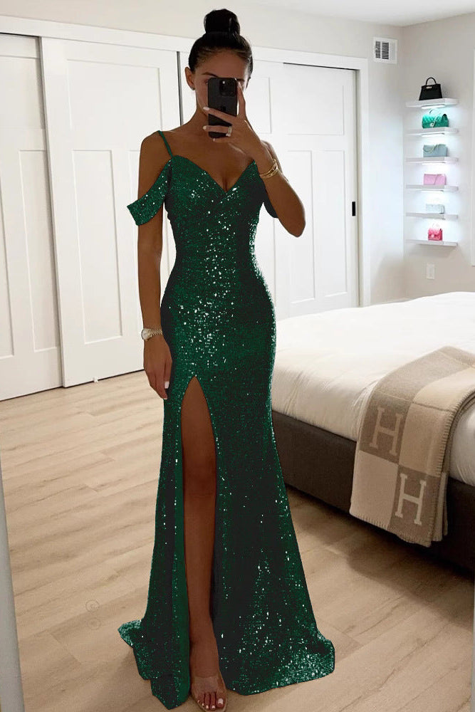 Sequin Maxi Dress with Draped Sleeves and Slit for women