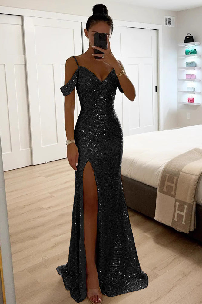 Sequin Maxi Dress with Draped Sleeves and Slit for women