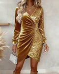Sequin and Velvet Wrap-Style V-Neck Dress for Women