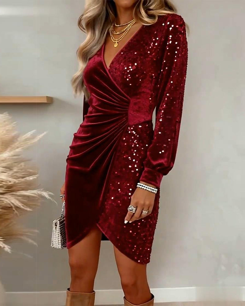 Sequin and Velvet Wrap-Style V-Neck Dress for Women