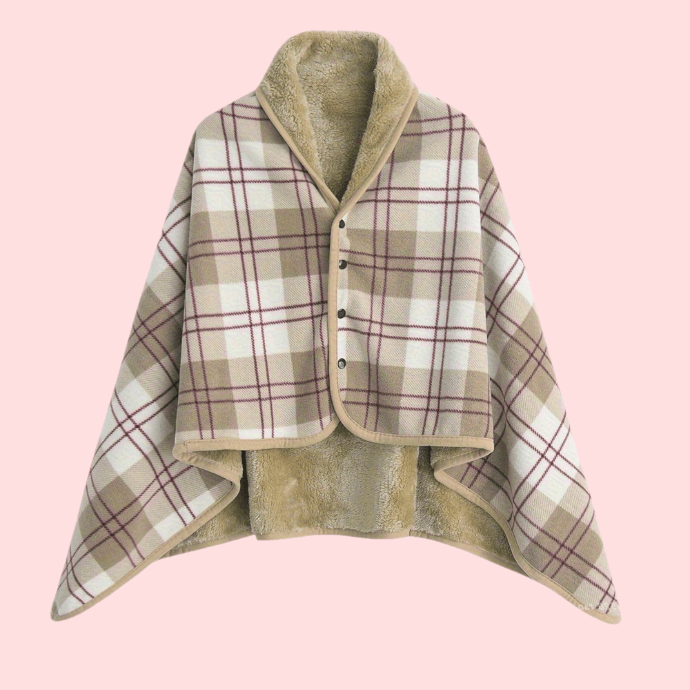 Shawl with Check Pattern and Plush Lining for Womens