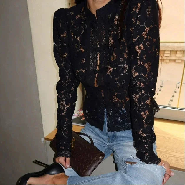 Sheer Lace Long Sleeve Blouse with High Neckline for Women
