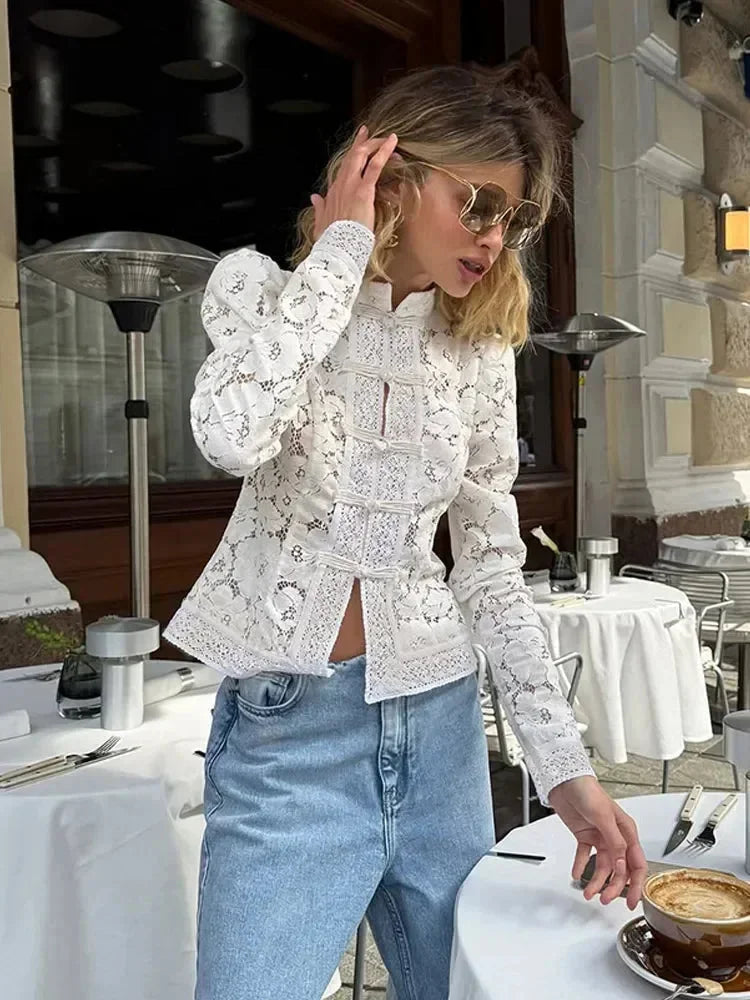 Sheer Lace Long Sleeve Blouse with High Neckline for Women