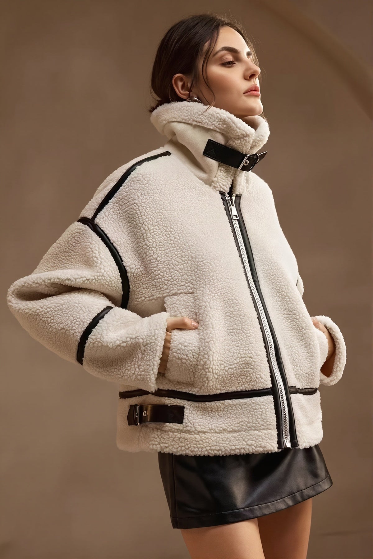 Sherpa Fleece Coat with Contrast Piping and Zip for Women