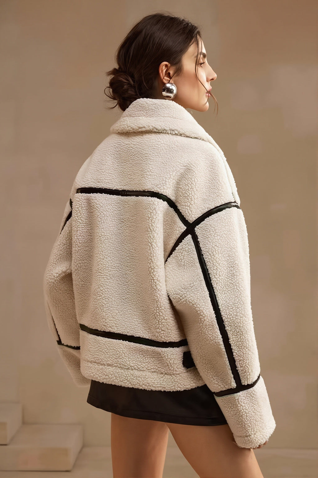 Sherpa Fleece Coat with Contrast Piping and Zip for Women