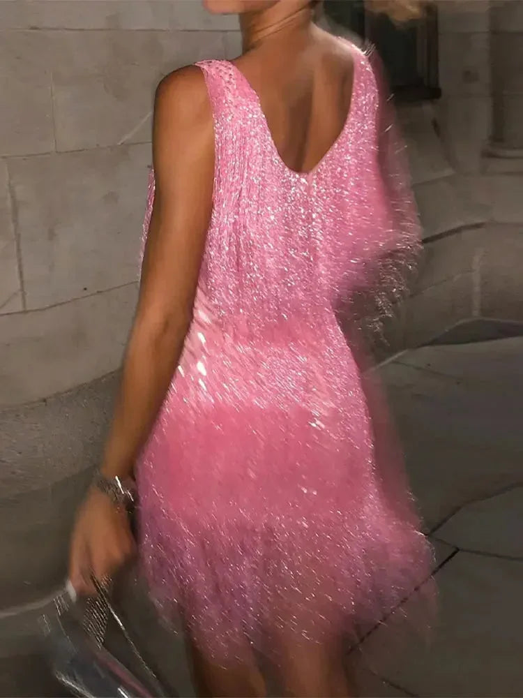 Shimmering Fringe Mini Dress with V-Neckline for Women