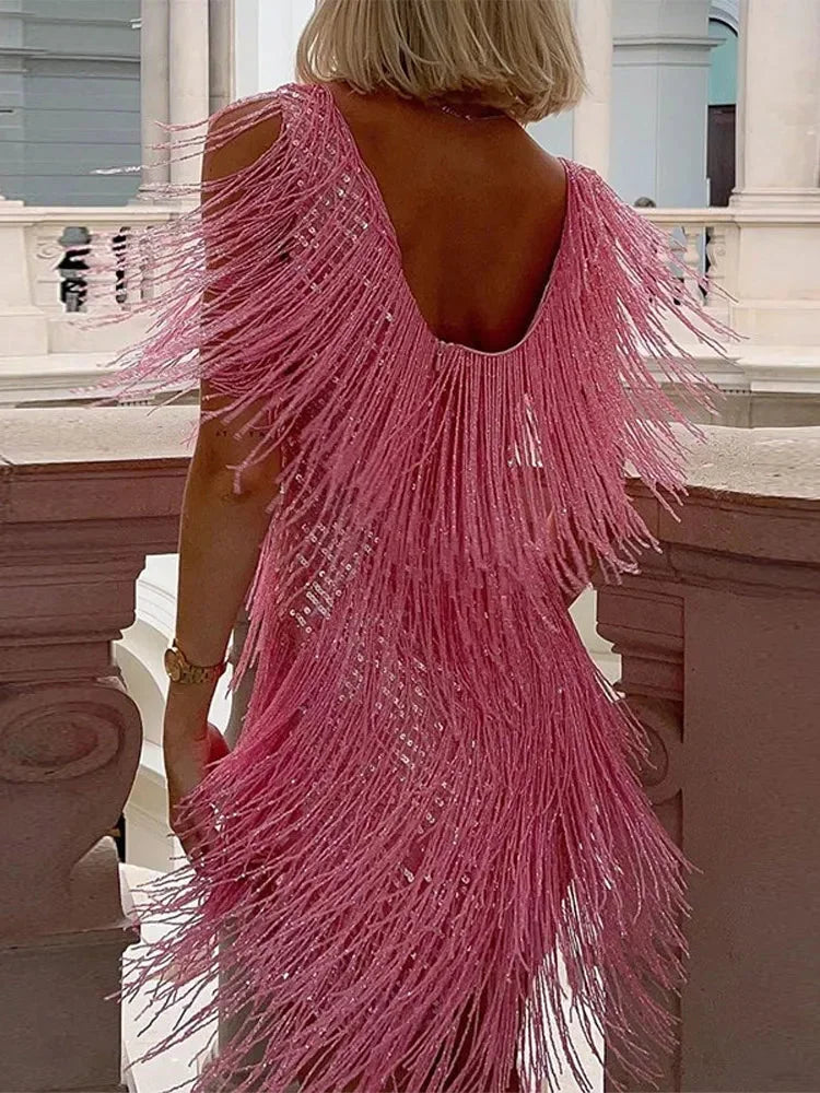 Shimmering Fringe Mini Dress with V-Neckline for Women